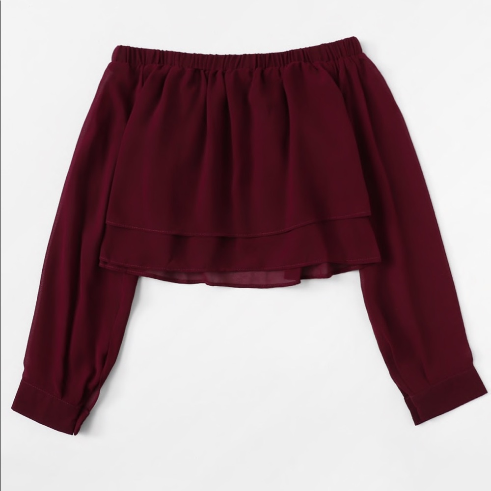 Off Shoulder Long Sleeve Chiffon Cropped Top - Picture 5 of 8